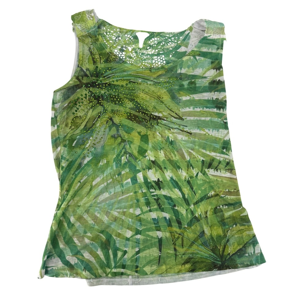 Hannah M Green Y2K Tropical Vibrant Palm Leaf Rhinestone Crochet Lace Tank Top